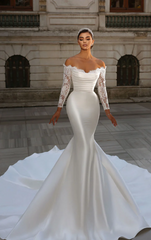 Fabulous White Mermaid Strapless Lace Long Sleeves Detachable Panel Train Satin Wedding Dresses With Ruffles