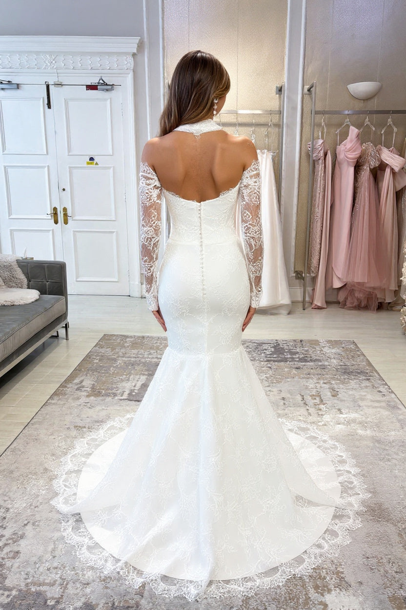 Fabulous White Mermaid V-Neck Strapless Lace Off-The-Shoulder Long Sleeves Chapel Train Wedding Dress