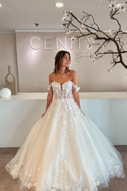 Fabulous White Sweetheart Off-The-Shoulder Ball Gown Tulle Wedding Dresses With Appliques And Handmake Flowers