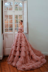 Fabulous Dusty Rose A-Line Strapless Off-The-Shoulder Long Sleeves Sweep Train Ball Gown Tulle Evening Dresses With Ruffles