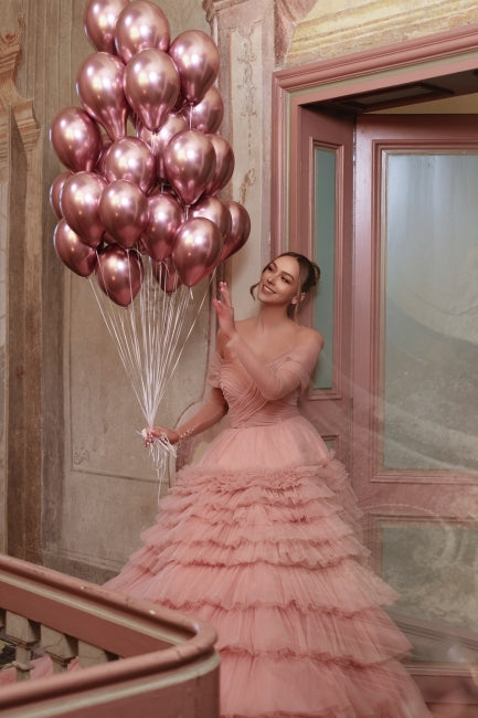Fabulous Dusty Rose A-Line Strapless Off-The-Shoulder Long Sleeves Sweep Train Ball Gown Tulle Evening Dresses With Ruffles
