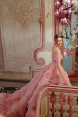 Fabulous Dusty Rose A-Line Strapless Off-The-Shoulder Long Sleeves Sweep Train Ball Gown Tulle Evening Dresses With Ruffles