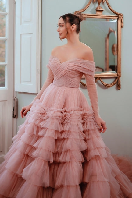Fabulous Dusty Rose A-Line Strapless Off-The-Shoulder Long Sleeves Sweep Train Ball Gown Tulle Evening Dresses With Ruffles