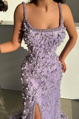Fabulous Lilac Mermaid Spaghetti Strap Beaded Sleeveless Split Front Floor-Length Evening Dresses With Pearls And 3D Flowers