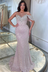 Fabulous Pink Mermaid Crew One-Shoulder Sleeveless Beaded Tulle Evening Dresses With Rhinestone