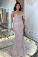 Fabulous Pink Mermaid Crew One-Shoulder Sleeveless Beaded Tulle Evening Dresses With Rhinestone