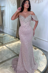 Fabulous Pink Mermaid Crew One-Shoulder Sleeveless Beaded Tulle Evening Dresses With Rhinestone