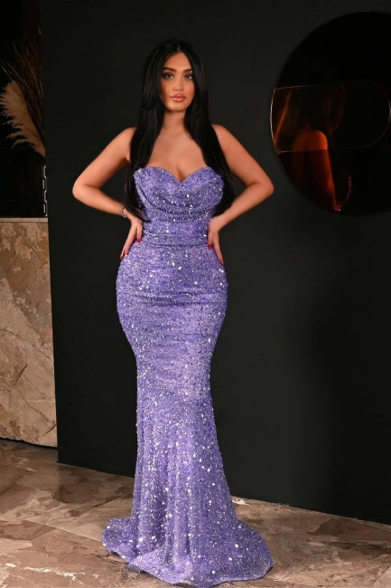 Fabulous Purple Mermaid Sweetheart Sequined Sleeveless Floor-Length Evening Dress With Ruffles