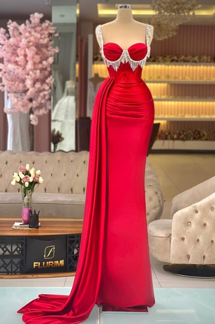 Fabulous Red Column Sweetheart Spaghetti Strap Sleeveless Panel Train Satin Evening Dresses With Tassel