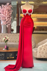 Fabulous Red Column Sweetheart Spaghetti Strap Sleeveless Panel Train Satin Evening Dresses With Tassel