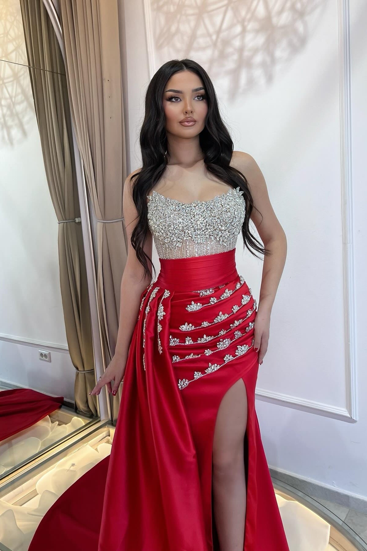 Fabulous Red Strapless Mermaid Beaded Sleeveless Split Front Ruffle Panel Train Satin Evening Dresses With Rhinestone