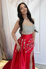 Fabulous Red Strapless Mermaid Beaded Sleeveless Split Front Ruffle Panel Train Satin Evening Dresses With Rhinestone