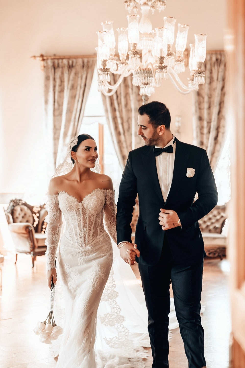 Fabulous White Lace Mermaid Sweetheart Off-The-Shoulder Beaded Long Sleeves Sweep Train Wedding Dresses