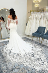 Fabulous White Lace Mermaid V-Neck Off-The-Shoulder Long Sleeves Cathedral Train Satin Wedding Dresses