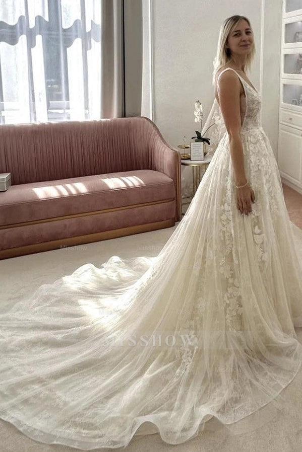 Fairy Ivory V-Neck Sleeveless A-line Wedding Dress with Appliques and Chapel Train