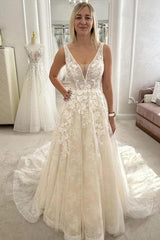Fairy Ivory V-Neck Sleeveless A-line Wedding Dress with Appliques and Chapel Train