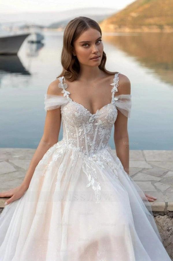 Fairy Long Ivory Off-The-Shoulder Sleeveless A-Line Wedding Dress with Appliques