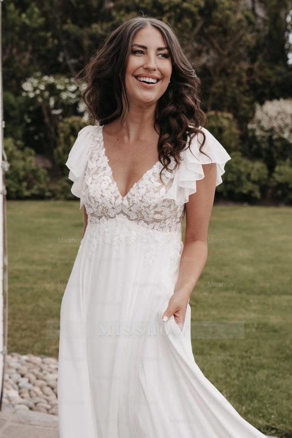 Fairy Long Ivory V-Neck A-Line Wedding Dress with Appliques and Short Sleeves
