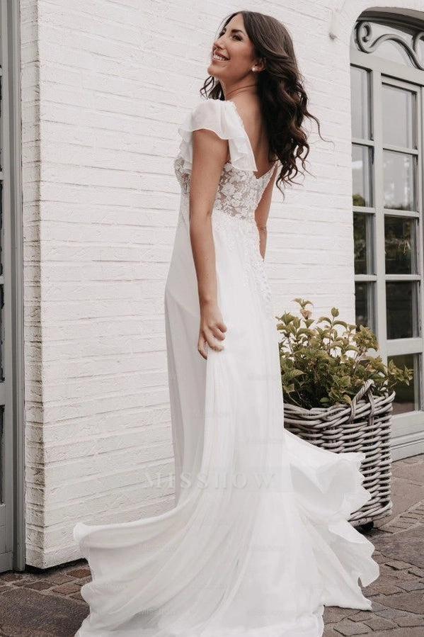 Fairy Long Ivory V-Neck A-Line Wedding Dress with Appliques and Short Sleeves