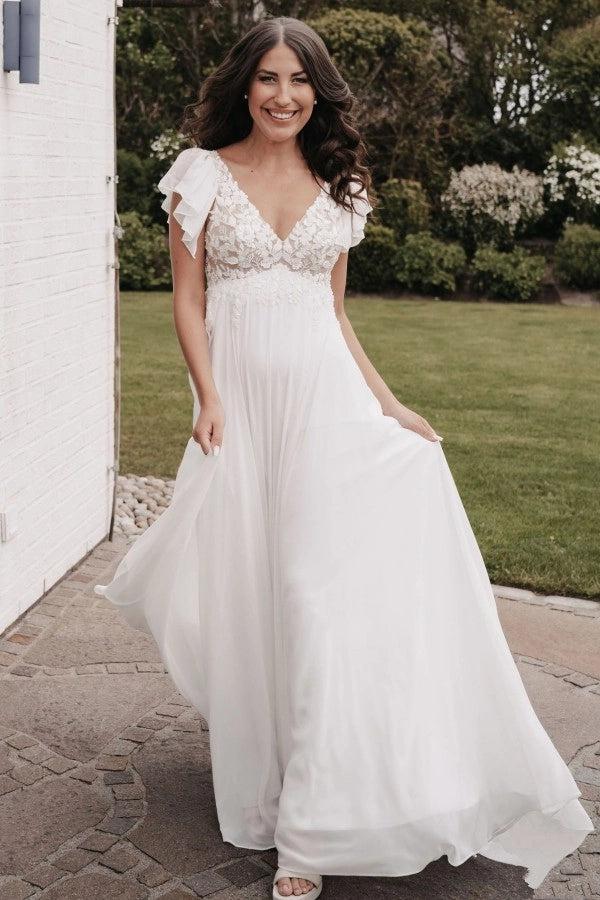 Fairy Long Ivory V-Neck A-Line Wedding Dress with Appliques and Short Sleeves