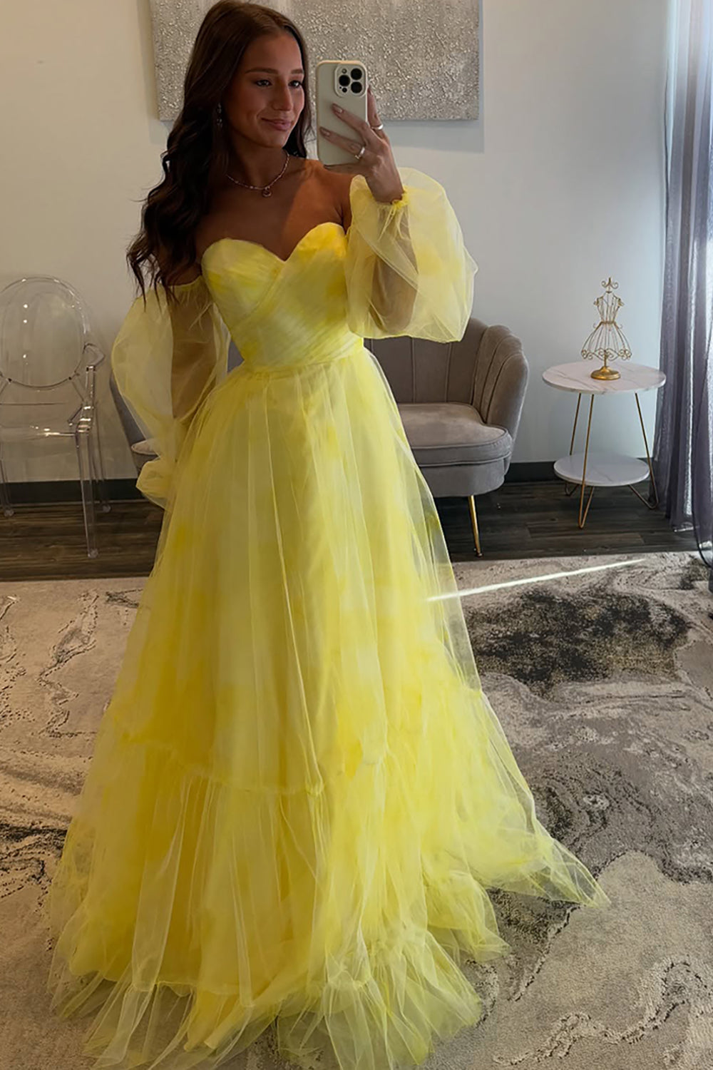 Yellow sweetheart tulle ball gown prom dress