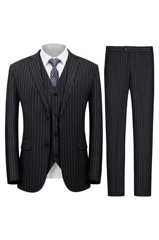 Fancy Black Notched Lapel Three-Piece Business Suit