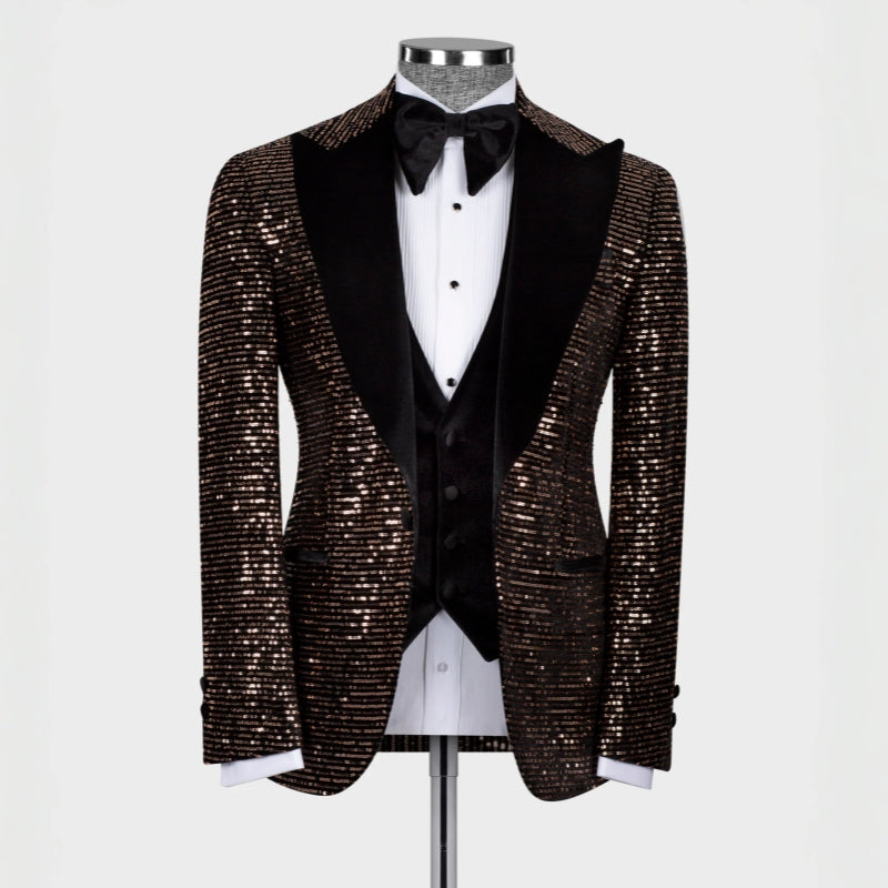 Fancy Brown Sequin Peaked Lapel Three-Piece Prom Suit