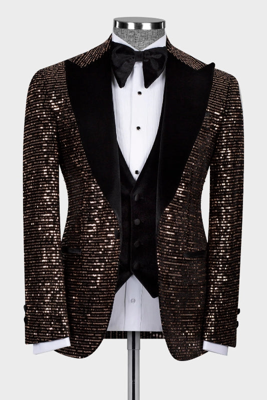 Fancy Brown Sequin Peaked Lapel Three-Piece Prom Suit