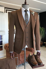 Fancy Brown Three-Piece Peaked Lapel Men's Business Suit