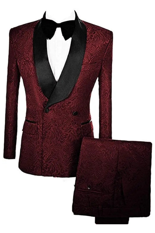 Fancy Burgundy Double Breasted Jacquard Groom's Suit With Velvet Lapel
