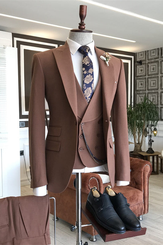 Fancy Coffee Three-Piece Peaked Lapel Business Suit