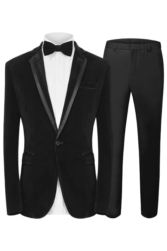 Fancy Ebony Notched Lapel Two Piece Velvet Prom Outfit For Men