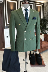 Fancy Emerald Green Peaked Lapel Double-Breasted Prom Attire