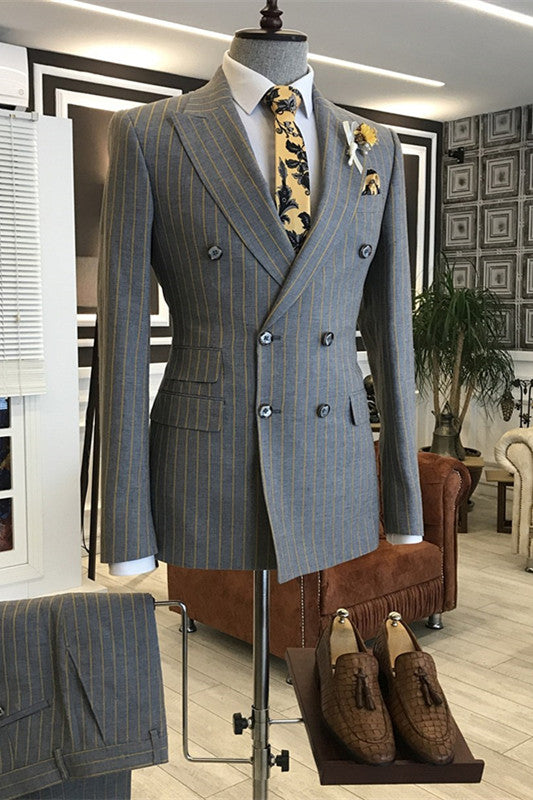 Fancy Gray Double-Breasted Striped Peaked Lapel Business Suit