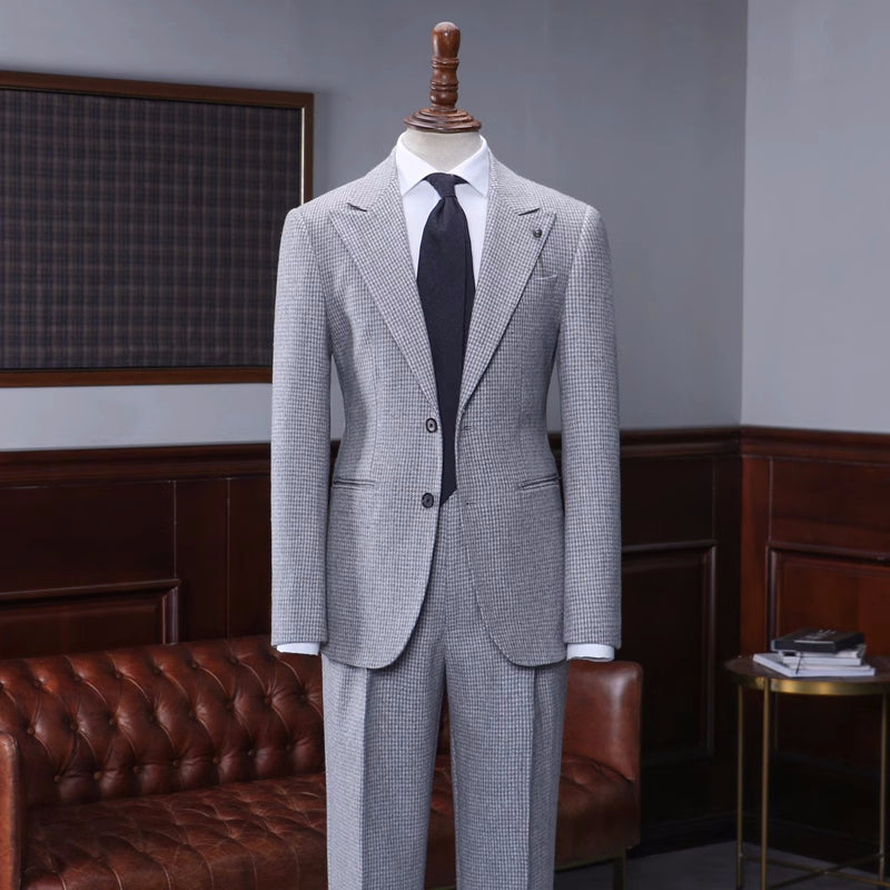 Fancy Gray Plaid Peaked Lapel Business Suit