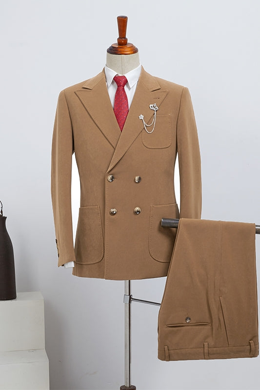 Fancy Khaki Double-Breasted Peaked Lapel Prom Suit For Men