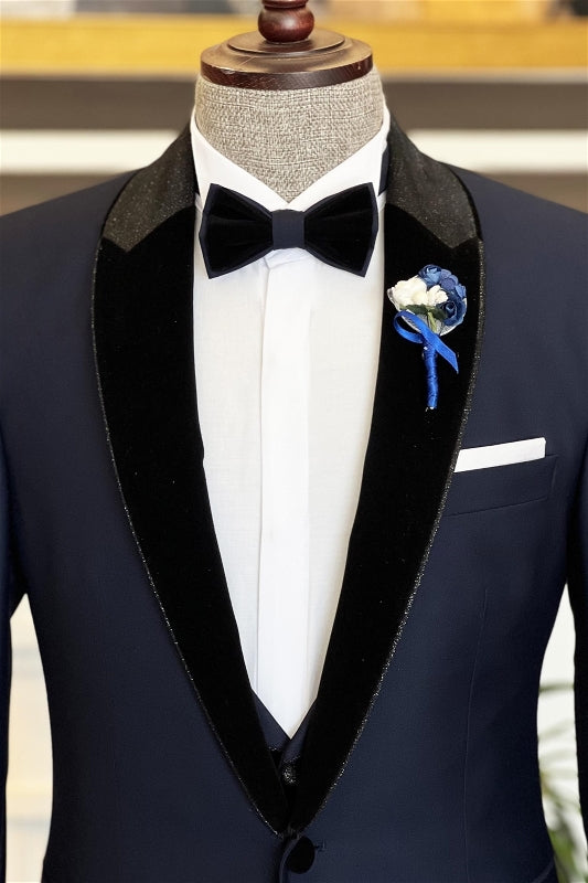 Fancy Navy Blue Peaked Lapel Two-Piece Prom Suit