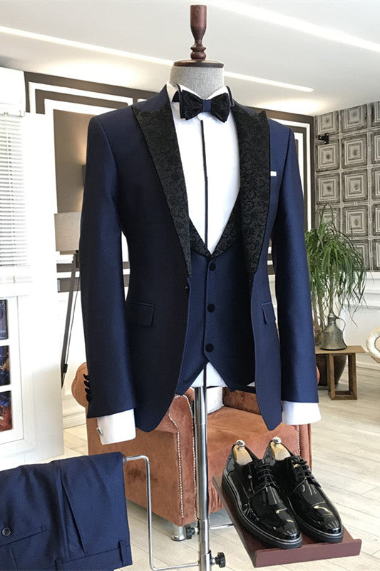 Fancy Navy Blue Three-Piece Prom Suit With Black Jacquard Peaked Lapel