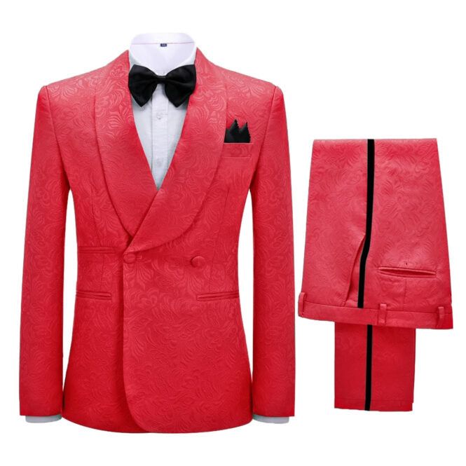 Fancy Red Jacquard Shawl Collar Double Breasted Groom's Suit