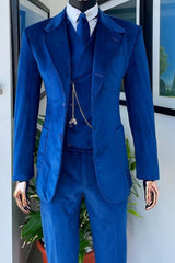 Fancy Royal Blue Notched Lapel Three-Piece Velvet Prom Suit