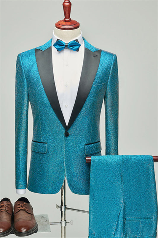 Fancy Teal Blue Sequined Peaked Lapel Two-Piece Prom Suit