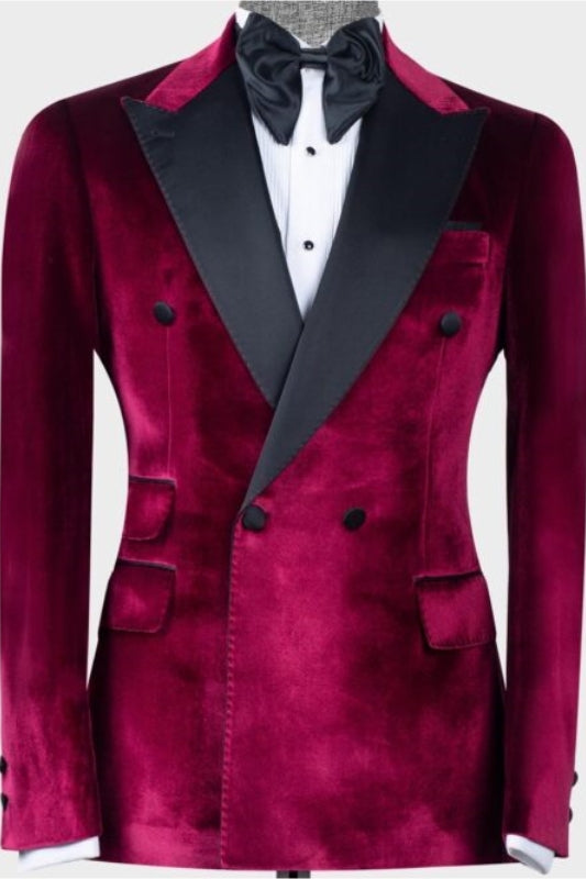 Fancy Wine Velvet Double-Breasted Peaked Lapel Prom Suit