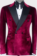 Fancy Wine Velvet Double-Breasted Peaked Lapel Prom Suit