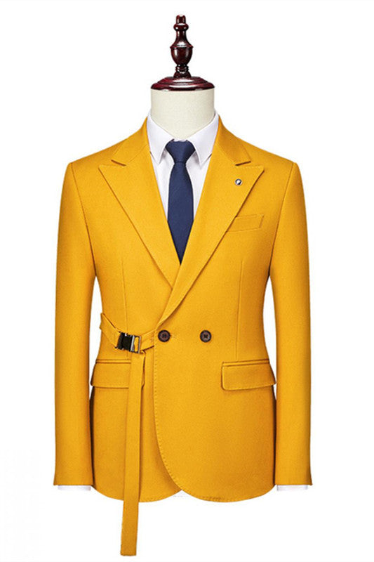 Fancy Yellow Double-Breasted Peaked Lapel Prom Suit