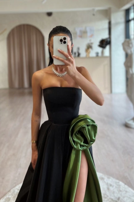 Fashion Black Strapless A-Line Sleeveless Sweep Train Satin Ruffle Evening Dress With High Slit