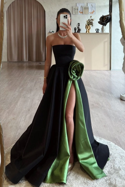 Fashion Black Strapless A-Line Sleeveless Sweep Train Satin Ruffle Evening Dress With High Slit