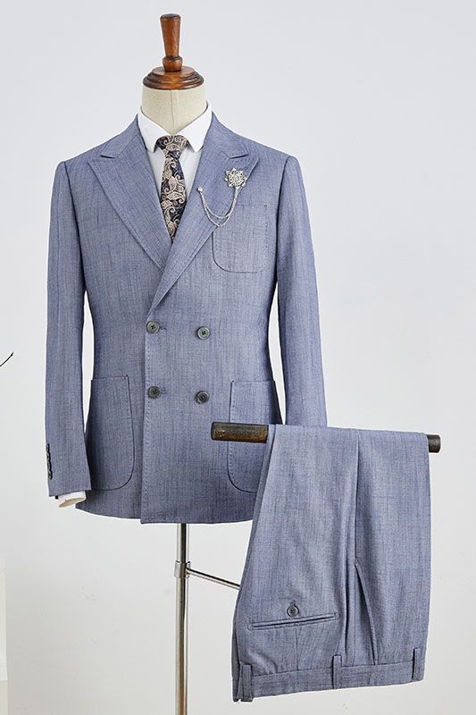 Fashion Blue Plaid Peak Lapel Double Breasted Custom Business Suit