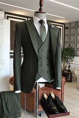 Fashion Dark Green Peaked Lapel Three-Piece Prom Suit