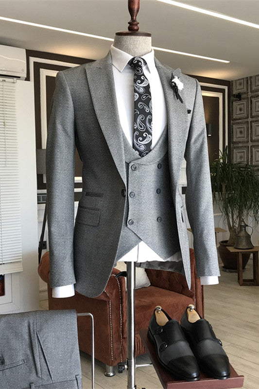 Fashion Gray Peaked Lapel Three-Piece Business Suit