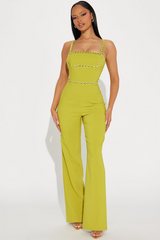 Fashion Green Square Neck Spaghetti-Straps Slim Fit Jump Suit